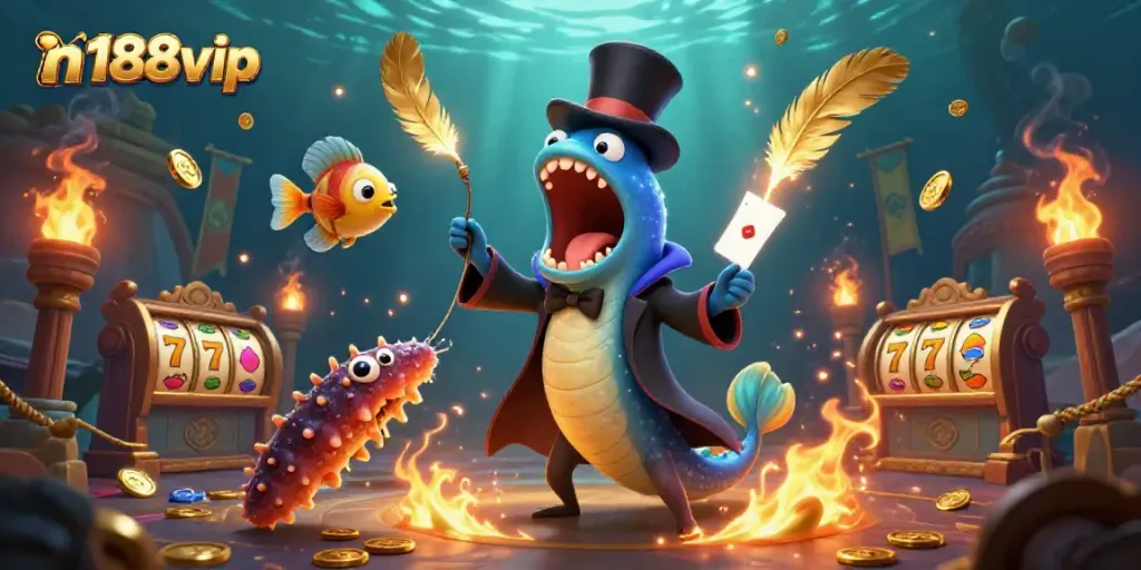 N188vip showcases a vibrant 3D scene with characters performing magic tricks in a rich casino environment.