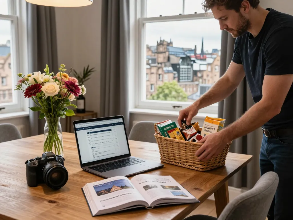 Airbnb management Edinburgh - Host preparing their stylish apartment for guests with local touches.