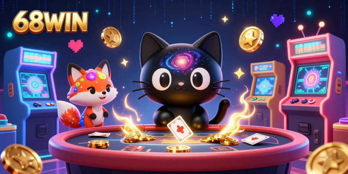 Engage with the vibrant universe of gambling at 68WIN, featuring a cosmic cat drawing in gold at a casino.