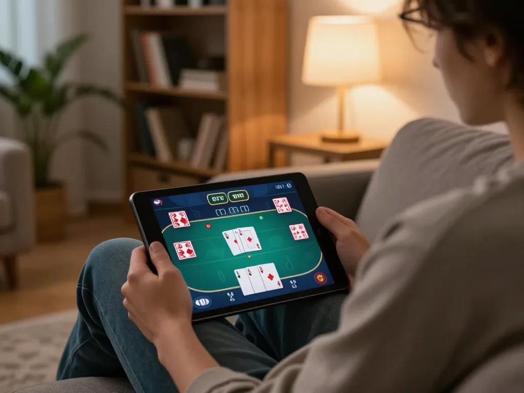 UU88 player enjoying engaging poker game on tablet in cozy home environment.