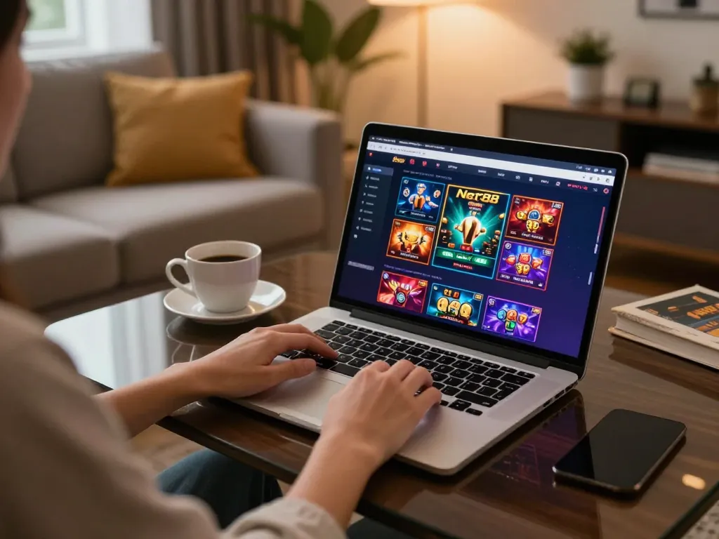 Player engaging with the Net88 online gambling platform on a sleek laptop, showcasing vibrant game graphics and strategic gameplay.