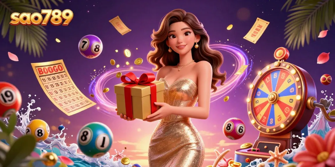 Sao789 game scene featuring a festive Asian woman celebrating wins with golden coins, lottery balls, and prizes.
