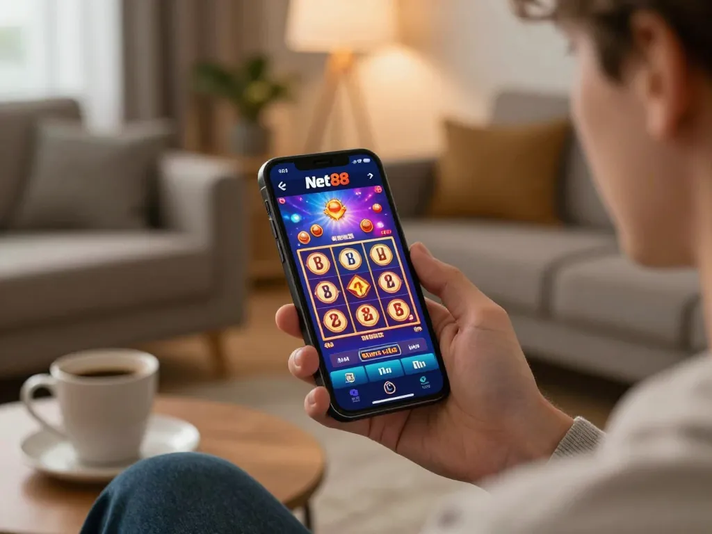 Player spinning on the Net88 slot game app, enjoying an exciting home gaming experience.