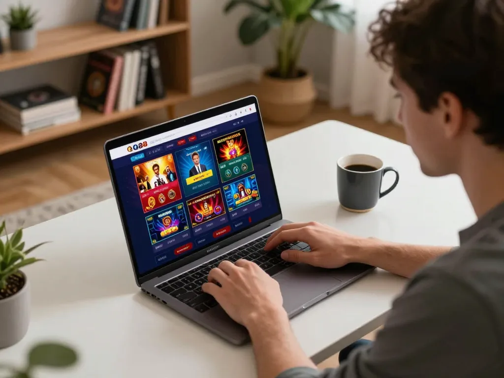 Player engaged in games at Trang chủ QQ88 on a sleek laptop, showcasing a strategic online gambling experience.
