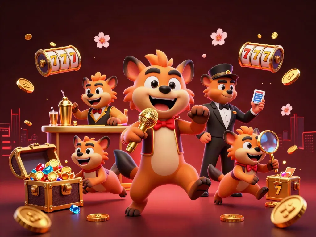8xbet casino scene with hyenas entertaining guests, showcasing vibrant gaming elements and a lively atmosphere.