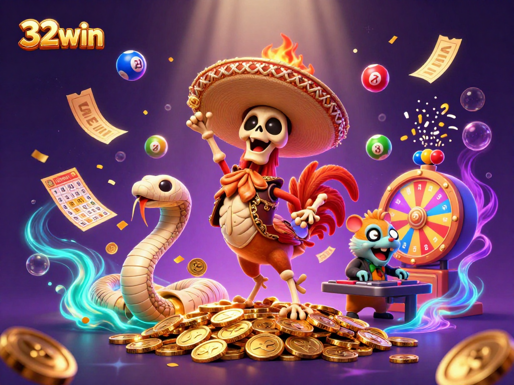 32win players enjoy thrilling wins with a dynamic casino illustration of lively characters and vibrant game elements.