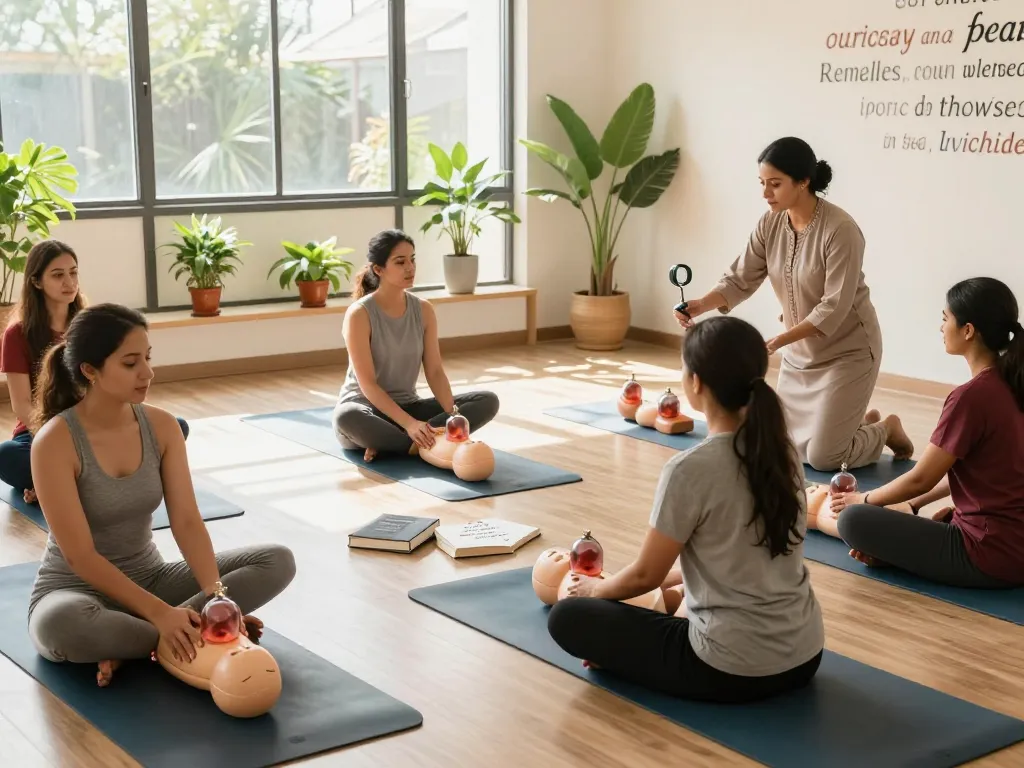 Engaged women learning Hijama training in London, practicing cupping techniques in a bright studio.