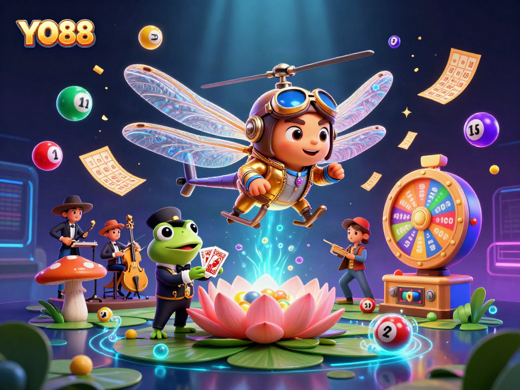Engage with the vibrant world of YO88, showcasing a dragonfly pilot and frog croupier in a lively casino atmosphere.