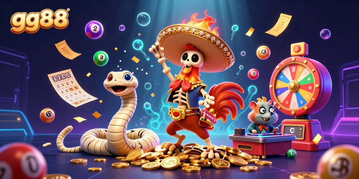 gg88 celebrates winnings with colorful lottery balls and vibrant casino elements.