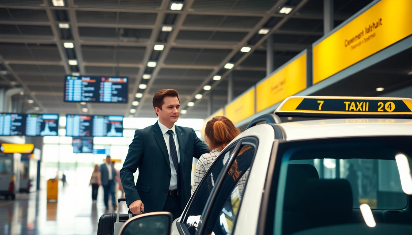 Taxi driver helps customer with luggage outside the airport terminal.