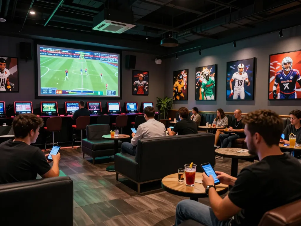 Active sports betting scene showing friends evaluating soi keo nha cai odds on mobile devices.
