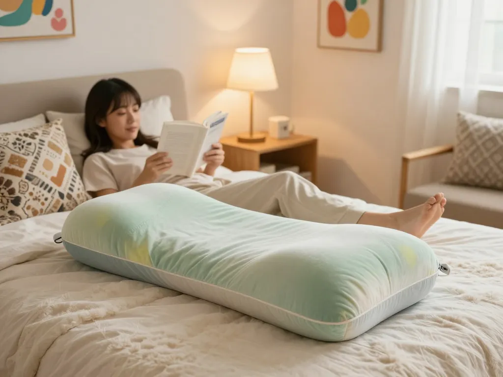 Cozy bedroom with a colorful dakimakura body pillow and soft lighting.