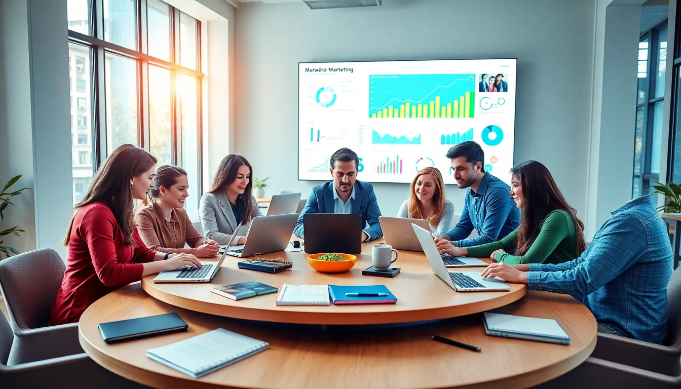 Professionals collaborating to adverise your business with digital strategies in a modern workspace.