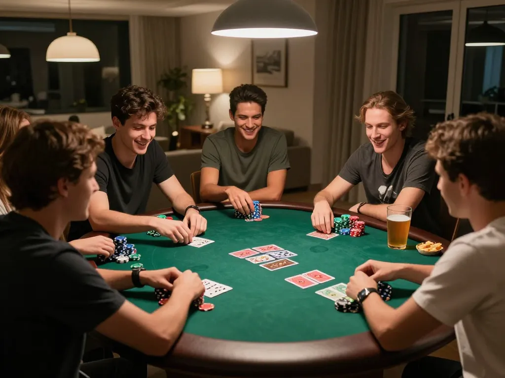 Friends enjoying poker night at home, showcasing the enjoyable atmosphere of fly88 gaming