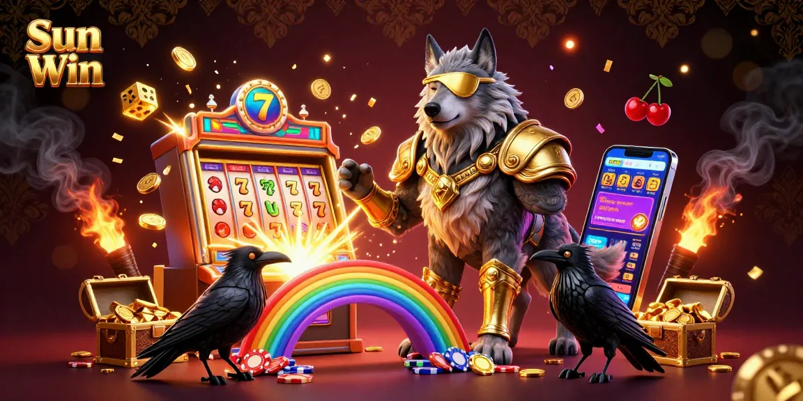 Experience excitement at Sun Win with a Norse-inspired Odin wolf in a vibrant casino-themed scene bursting with colors.