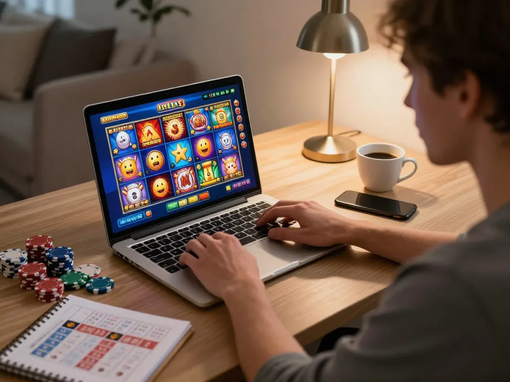 Engaging online Slot Malaysia gaming experience with a player immersed in colorful slot themes and strategy notes.