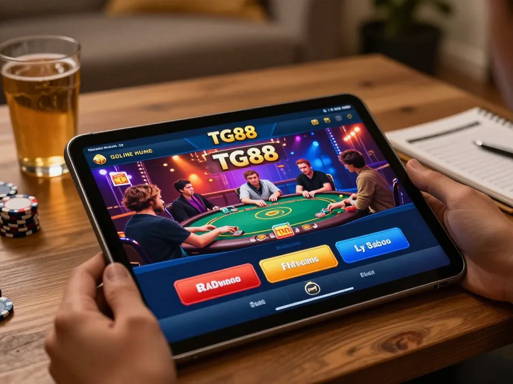 Players engaging with the TG88 casino app, showcasing vibrant betting options in a cozy home setting.