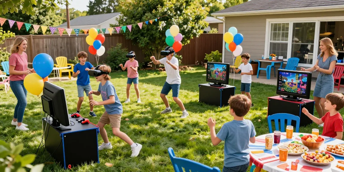 Boys birthday party scene with kids playing games outdoors, vibrant atmosphere full of laughter and excitement.