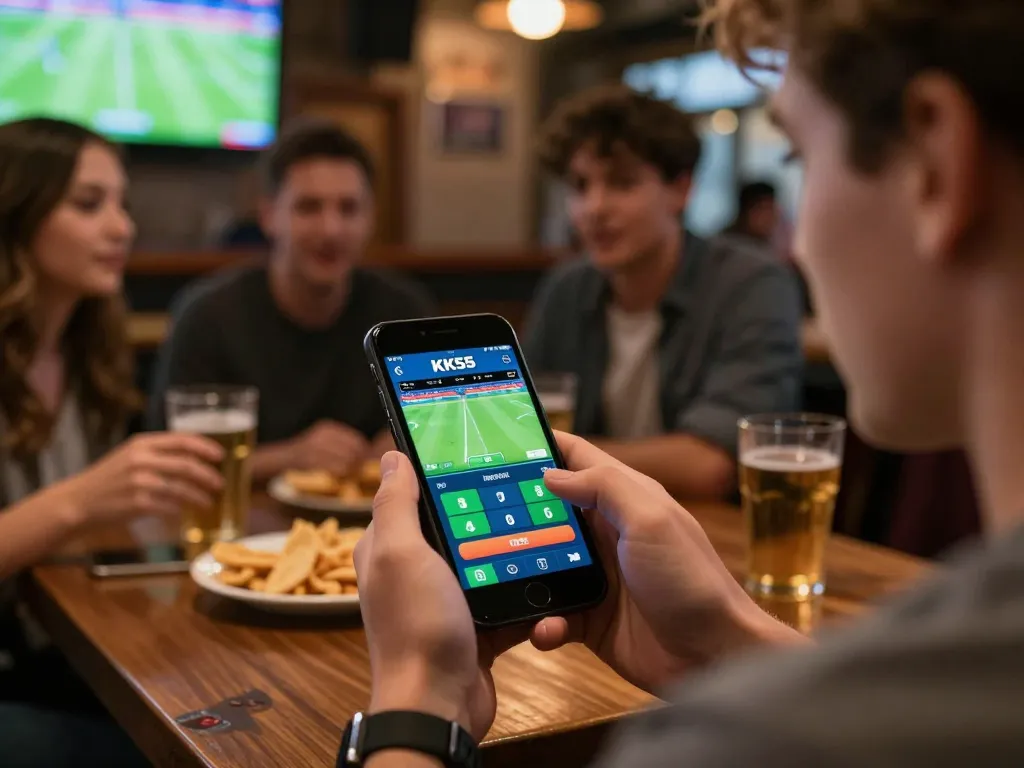 Player using the KK55 app for sports betting in a lively bar, showcasing excitement and engagement.