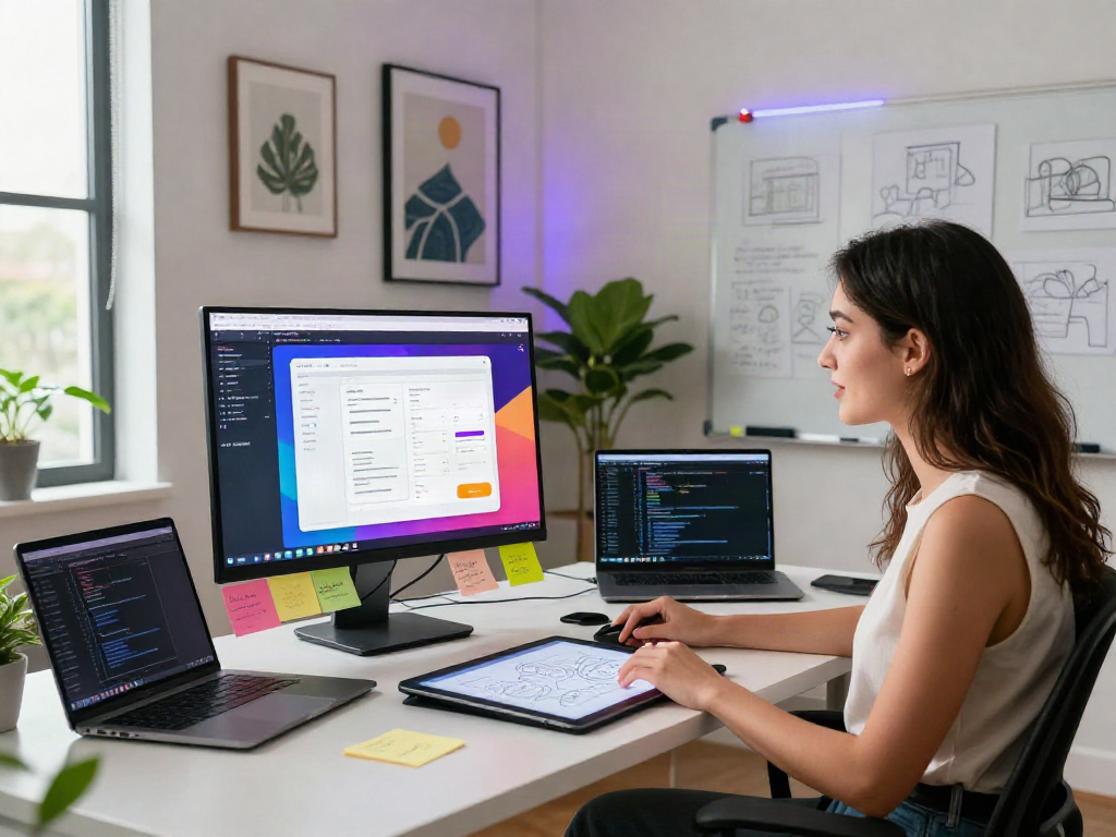 AI slut showcased in a vibrant interface design workshop, featuring a designer at a modern desk with high-tech tools.