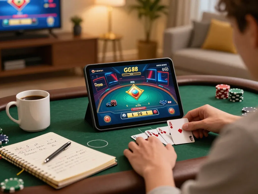 Engaging in a poker game on the GG 88 platform from home, showcasing strategic gameplay.