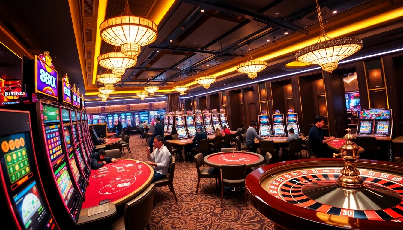 Experience vibrant gaming action at a casino featuring 88xx elements with poker tables and slot machines.