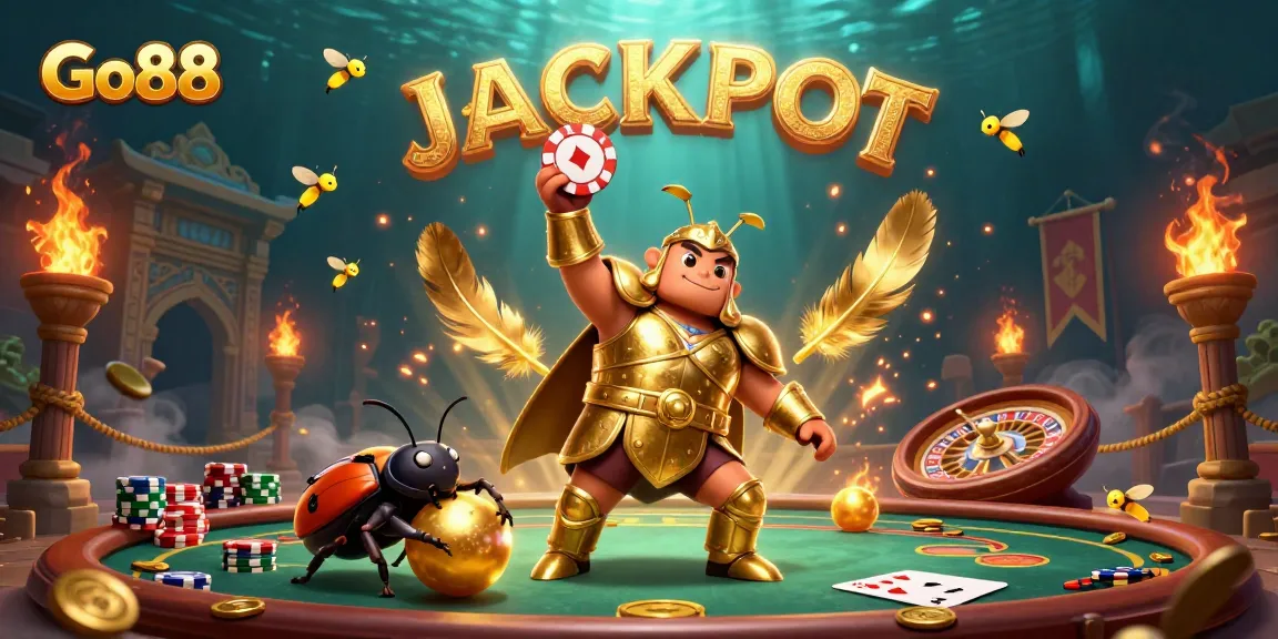 Engage in thrilling gameplay at Go88 with a cartoon beetle gearing for victory amidst a vibrant casino backdrop.