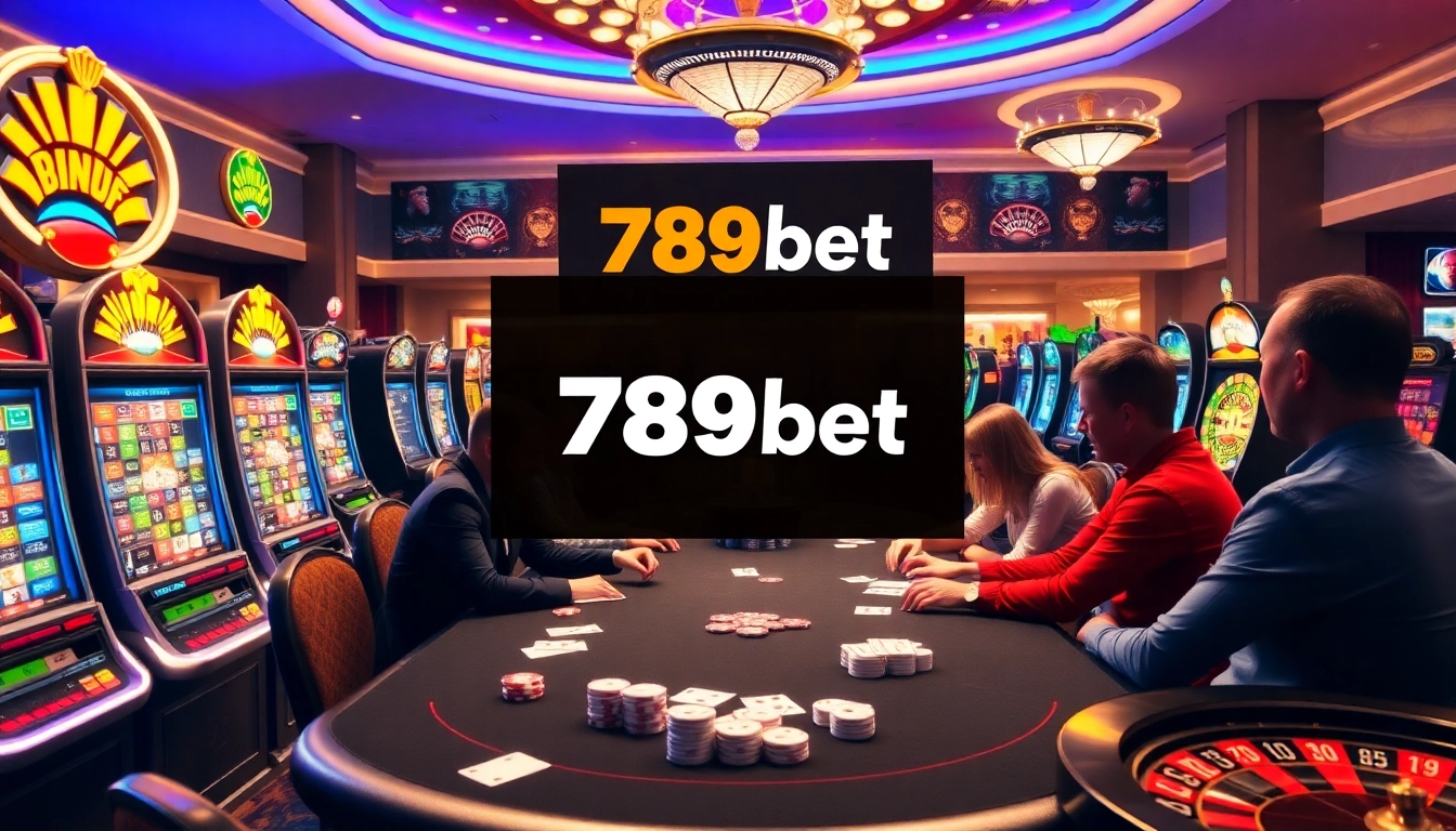 A vibrant casino scene featuring poker players and 789bet branding, capturing the excitement of gambling.
