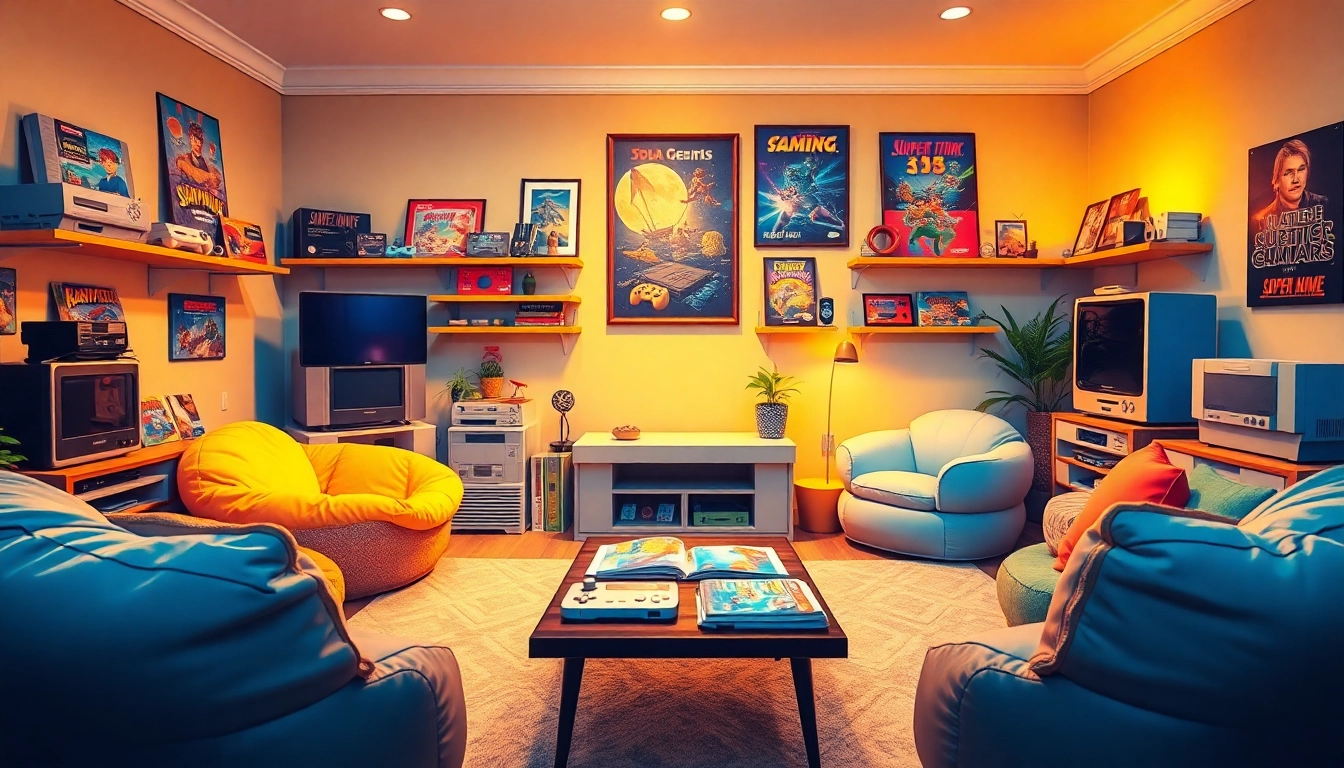 Experience retro games in a nostalgic living room, featuring classic consoles and vibrant decor.