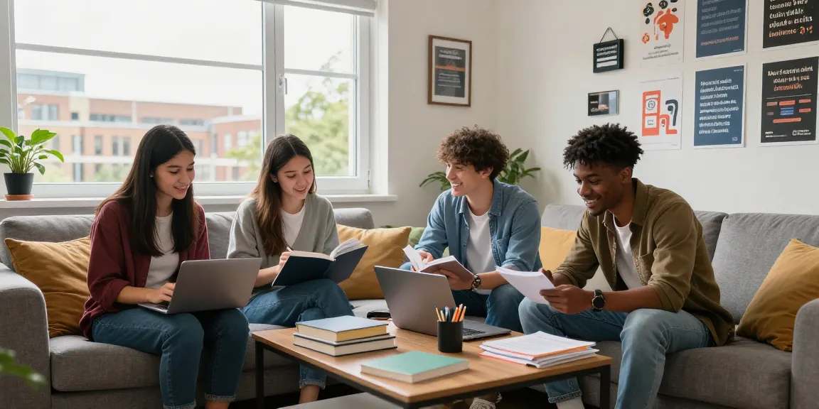 Student accommodation Northampton scene with students studying, modern furnishings, and bright atmosphere.