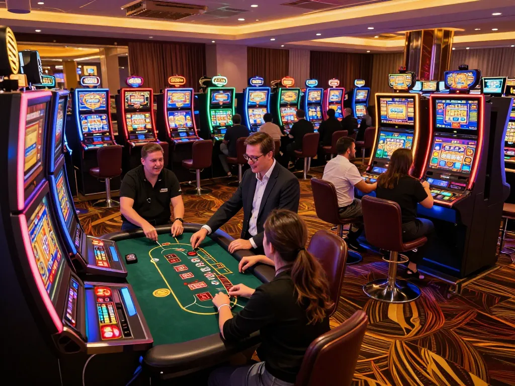 C168 players enjoying dynamic slot machines and blackjack tables in a vibrant casino environment.