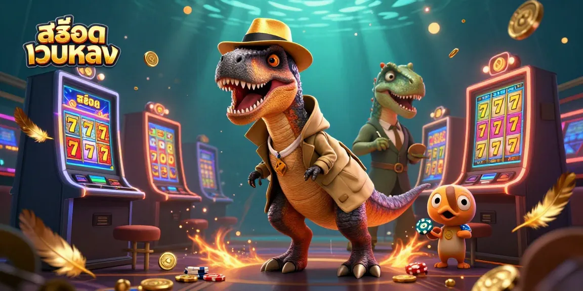 Unleash สล็อตเว็บตรง with our illustrated casino scene featuring a velociraptor card counter sneaking chips.