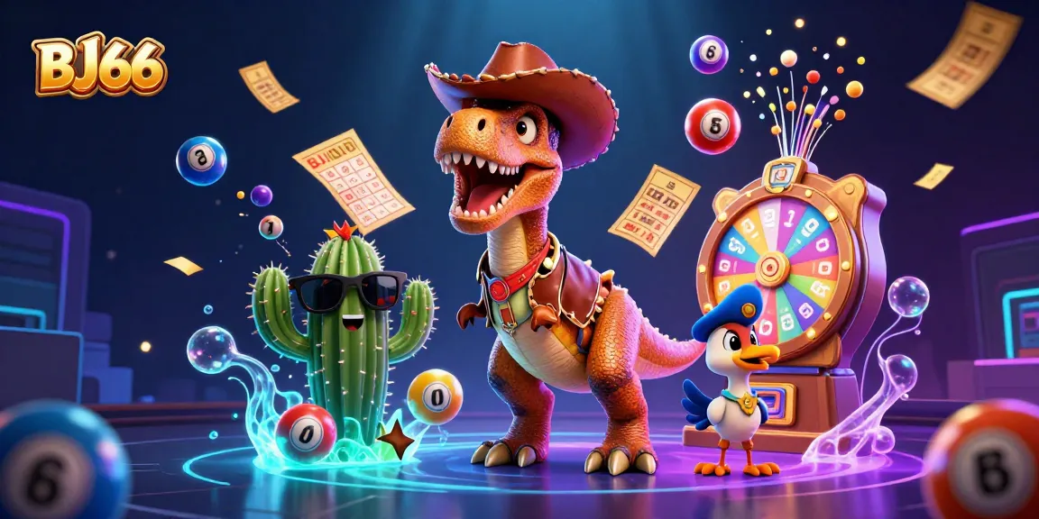 Engage in thrilling lottery action with BJ66's vibrant 3D illustration featuring colorful game elements and characters.