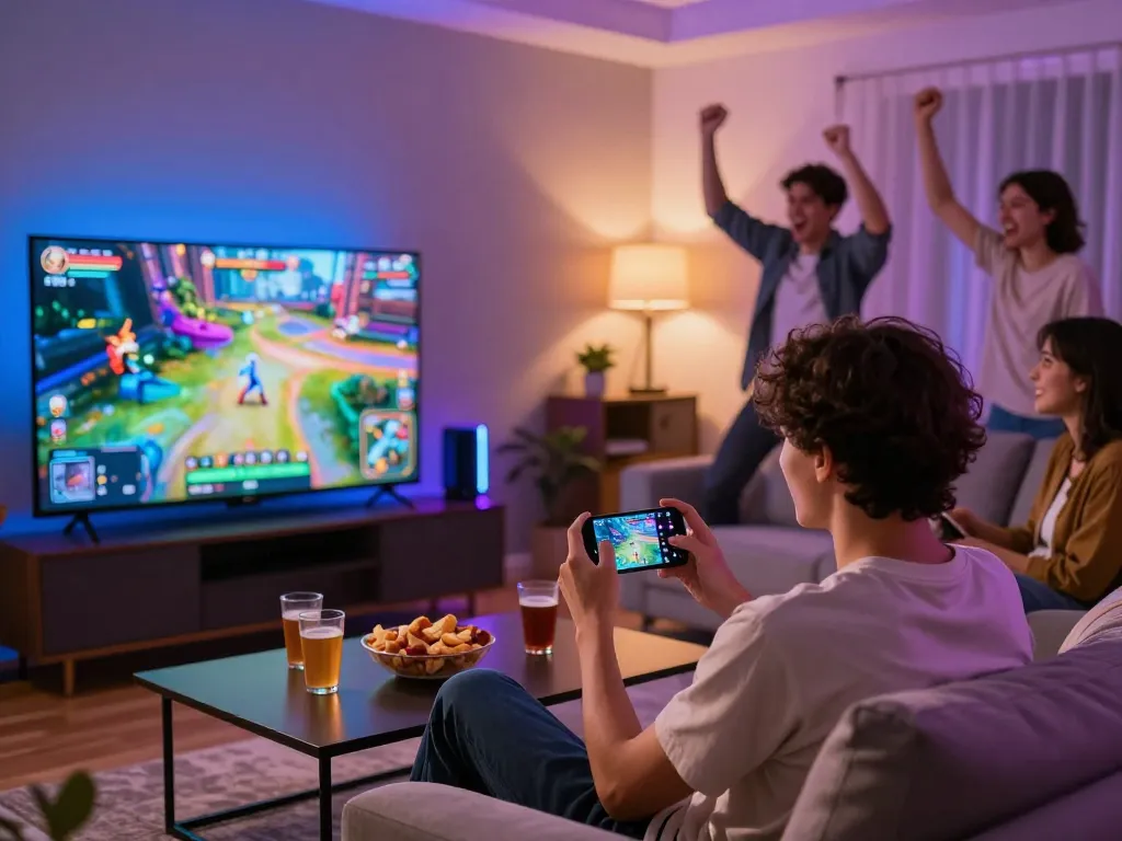 Engaged player enjoying the 789 club gaming experience in a vibrant living room.