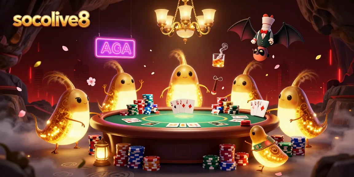 Socolive8 brings excitement with lively glowworms and poker elements in a vibrant casino illustration.