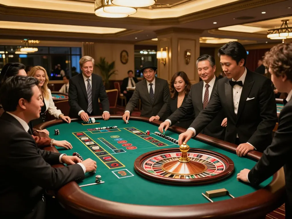 Engaged players at 123b casino roulette table with croupier spinning the wheel, vibrant atmosphere.
