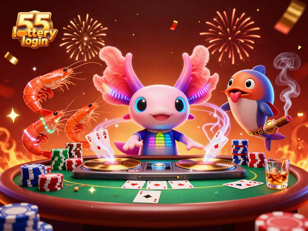 Experience 55 lottery login with vibrant casino scenes featuring playful characters and poker elements.