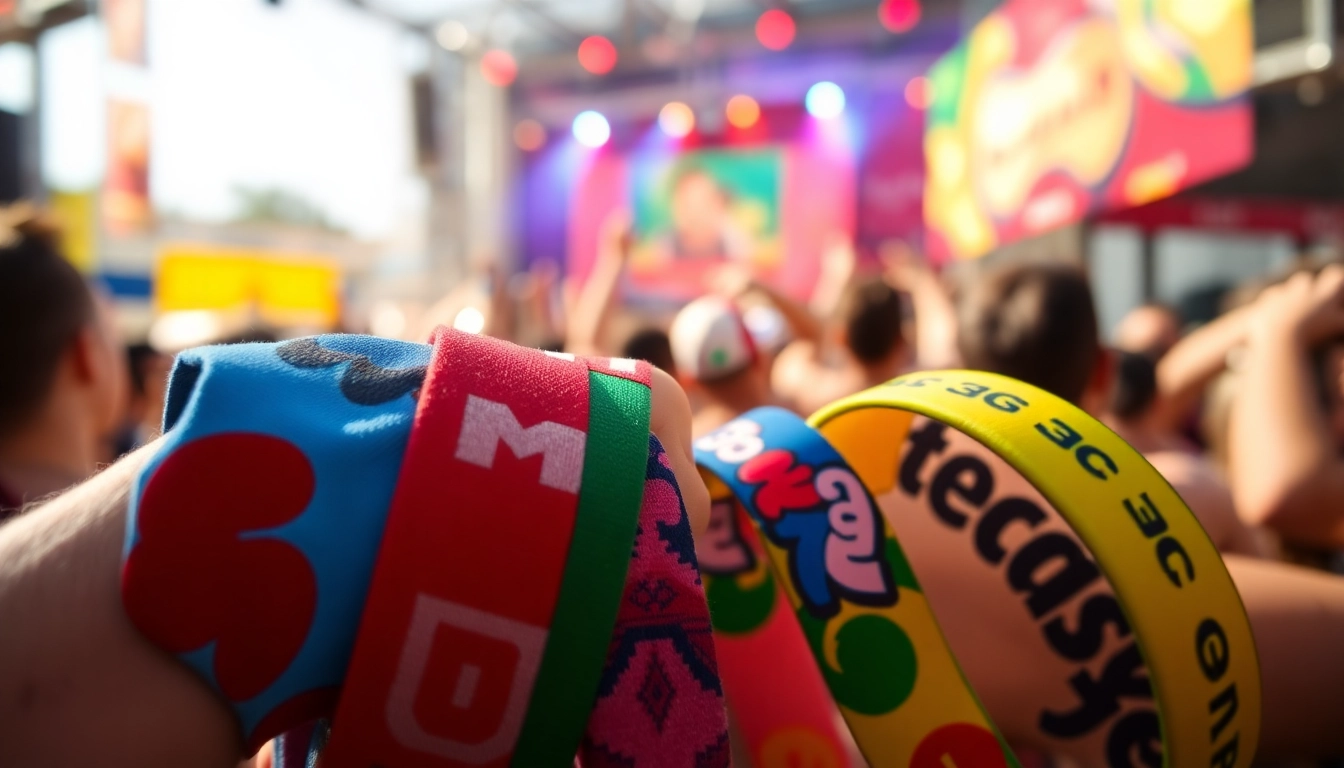 Stoff-Armbänder bedruckt mit bunten Designs für Veranstaltungen und Festivals.
