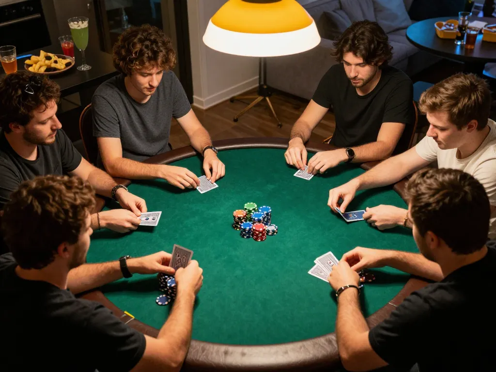 Friends play poker at home, highlighting sc88hd gaming excitement and friendly competition atmosphere.