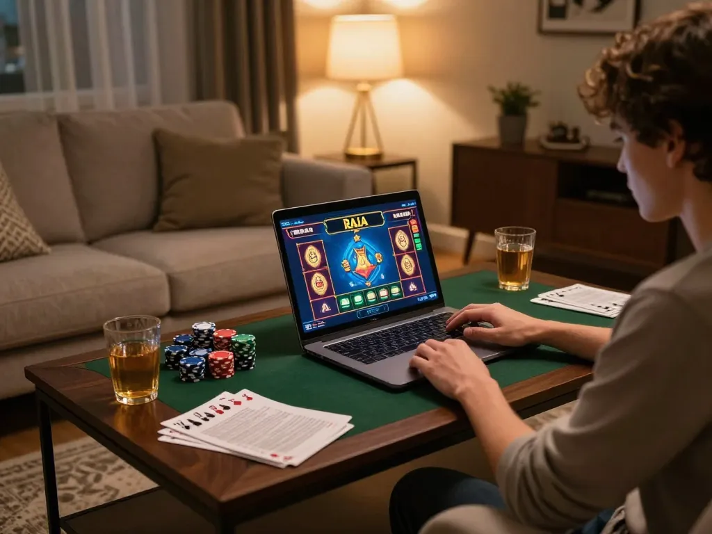 Person strategizing while playing raja slot online at home, showcasing thoughtful gaming setup.