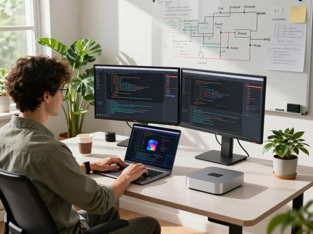 Mac mini setup in a modern home office with dual monitors and coding displays