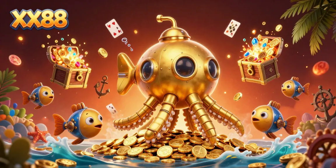 Experience the thrill of XX88, where a golden kraken submarine explores underwater treasures in a vibrant casino scene.