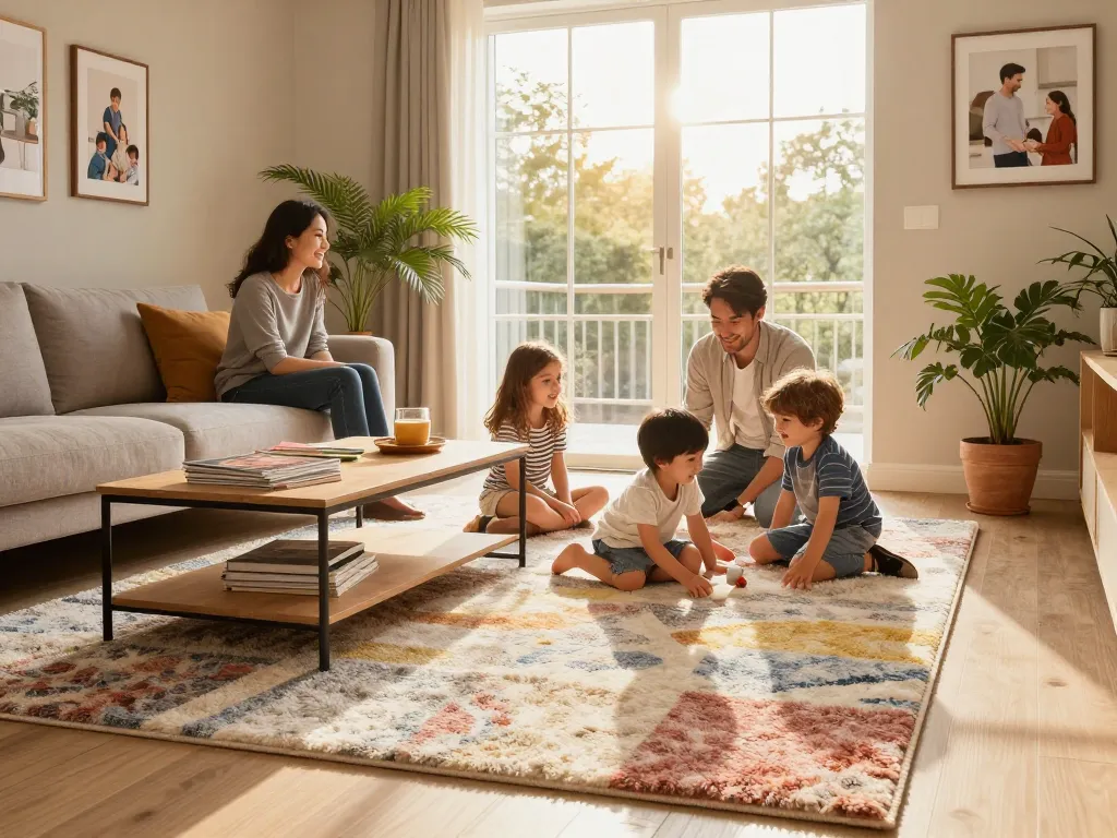 Affordable carpets London enhancing a cozy family living room with children playing.