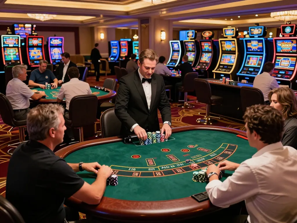 Engaged players betting at GG 88 blackjack tables, vibrant casino atmosphere.