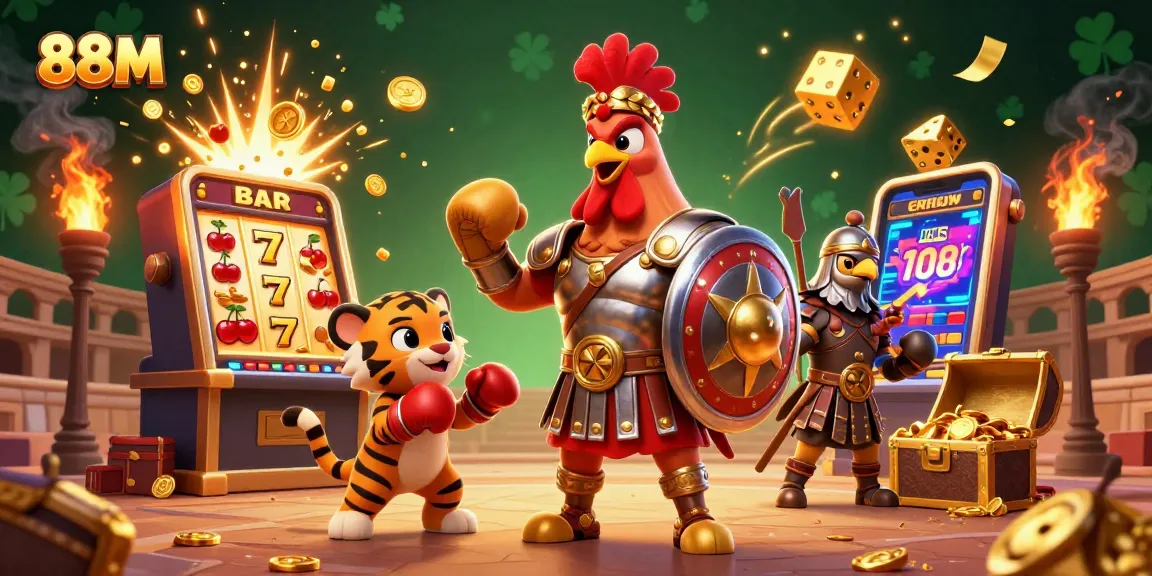 Experience thrilling wins with 88M's colorful casino environment, featuring a gladiator rooster and dynamic elements.