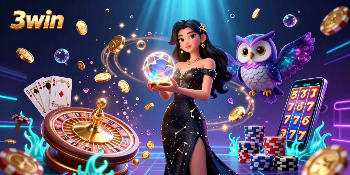 Spin and win with 3win's enchanting casino-themed illustration showcasing mystical elements and golden casino riches.