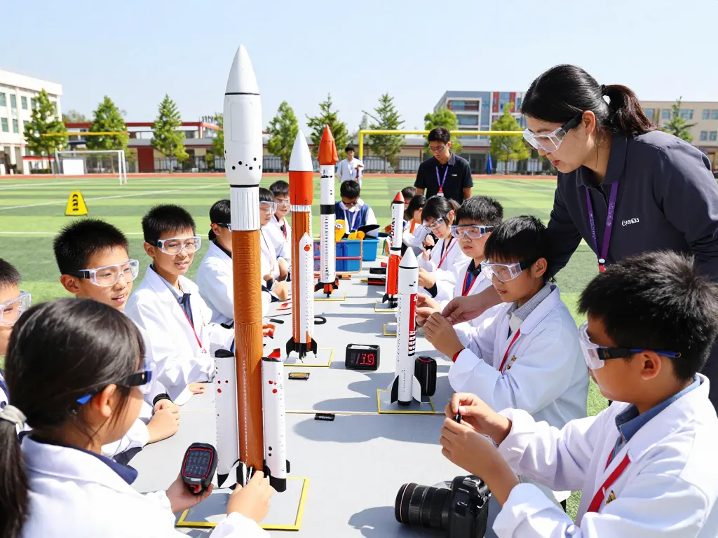 Students launching model rockets during a school event, showcasing teamwork and STEM education.