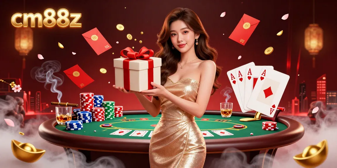 Engage with cm88z and win big in a vibrant casino scene featuring an Asian woman with a gift box overflowing with golden coins.