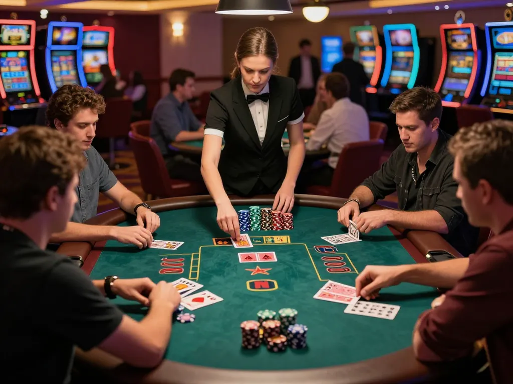 Players at 789F engaged in a competitive blackjack game, focusing on their cards with chips ready for betting.