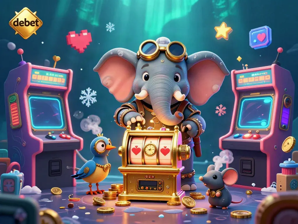 3D steampunk elephant operates a golden slot machine, surrounded by colorful gaming elements in a vibrant scene featuring debet.